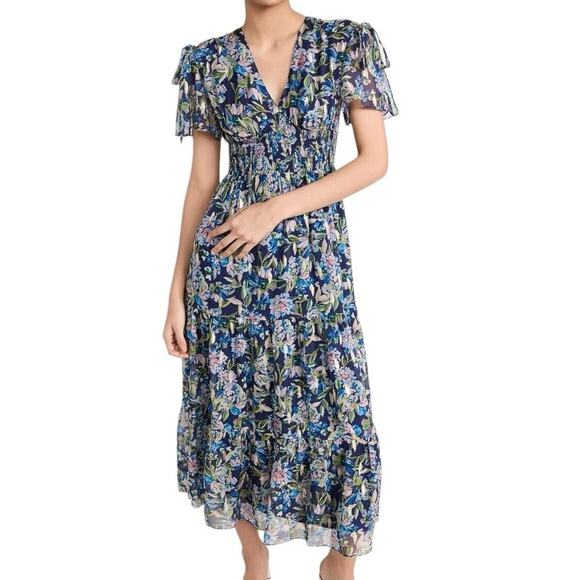 Shoshanna Dresses & Skirts - Shoshanna Midnight Lenora Dress Navy Gold Metallic Chiffon Lined Midi Size 4